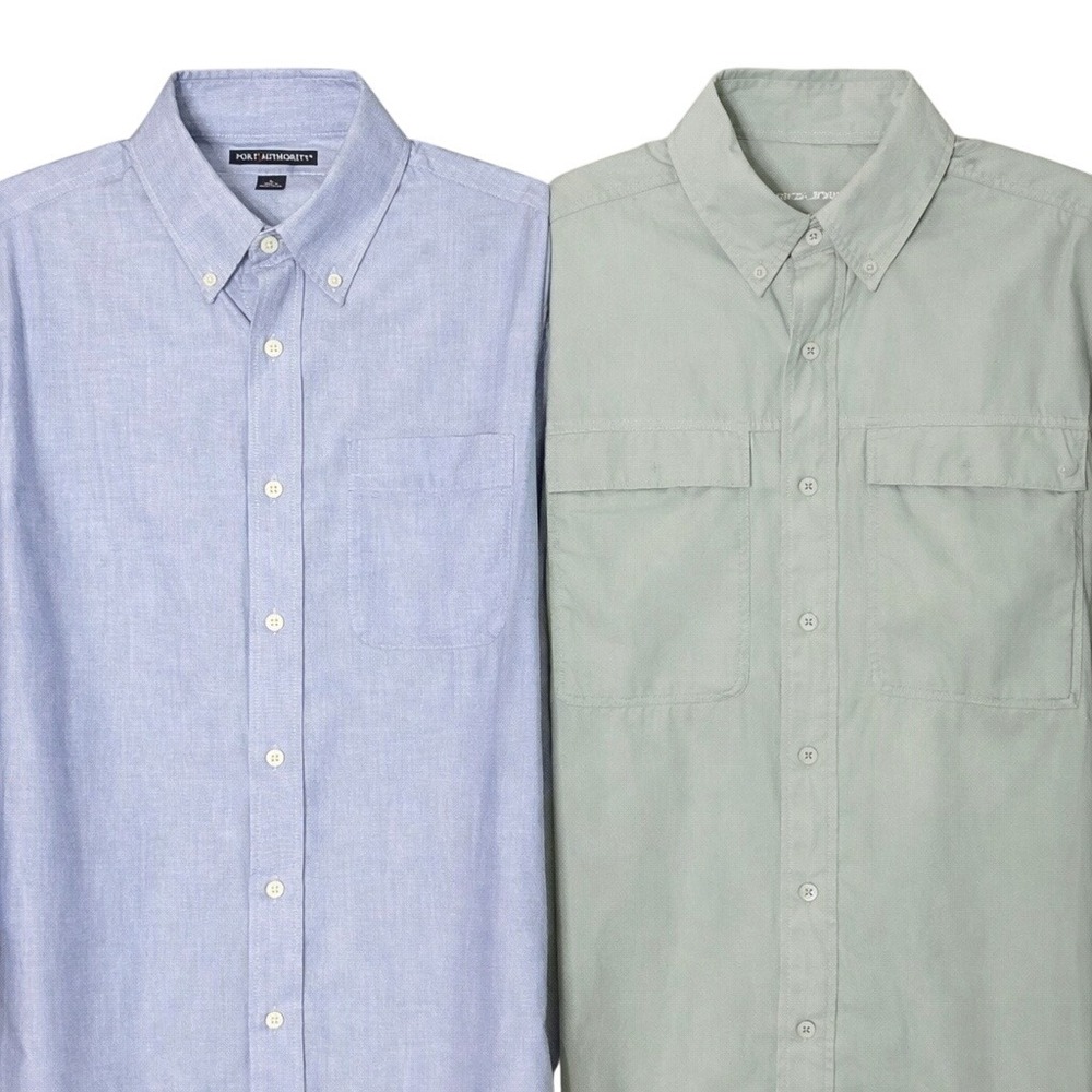 Port Authority Button Up Shirt Lot 2 Mens L Blue‎ Beige Workwear Minimalist